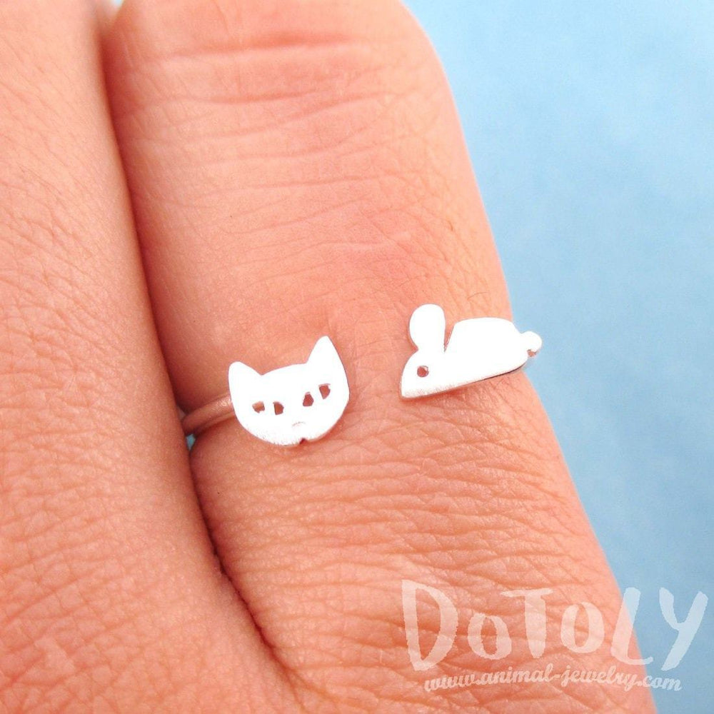 Kitty Cat and Mouse Shaped Open Adjustable Ring in Silver | DOTOLY | DOTOLY