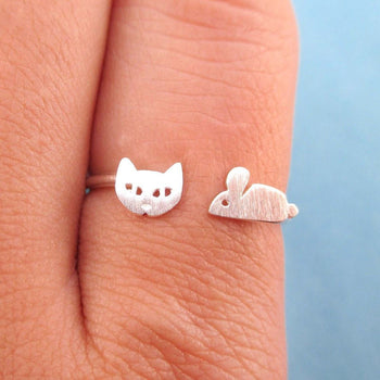 Kitty Cat and Mouse Shaped Open Adjustable Ring in Silver | DOTOLY | DOTOLY