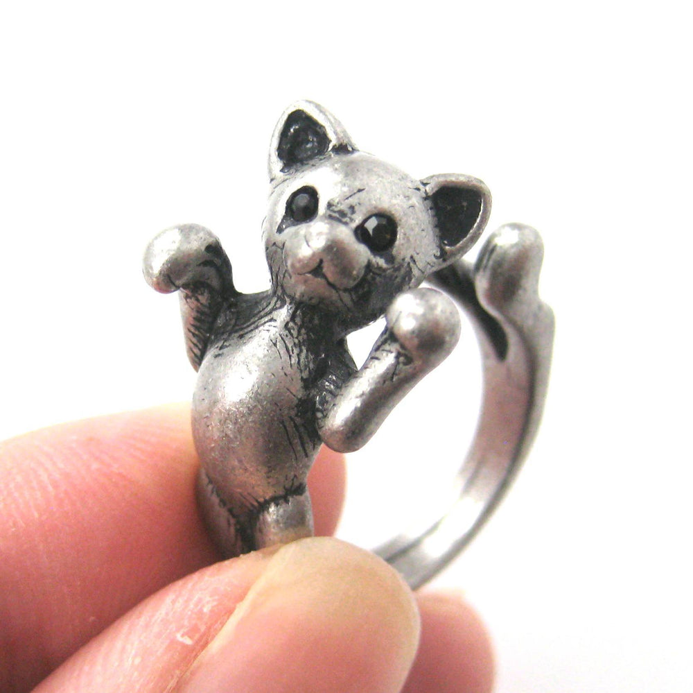 3D Kitty Cat Two Tailed Animal Wrap Around Ring in Silver - Sizes 5 to 9 Available | DOTOLY