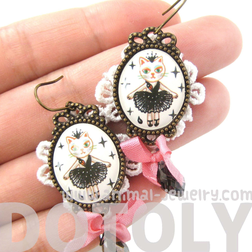 Kitty Cat Ballerina Tutu Illustrated Dangle Earrings with Lace and Ribbon Details | Animal Jewelry | DOTOLY