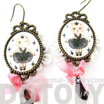 Kitty Cat Ballerina Tutu Illustrated Dangle Earrings with Lace and Ribbon Details | Animal Jewelry | DOTOLY