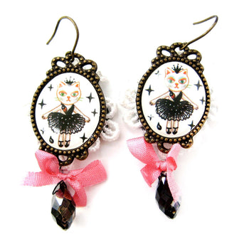 Kitty Cat Ballerina Tutu Illustrated Dangle Earrings with Lace and Ribbon Details | Animal Jewelry | DOTOLY