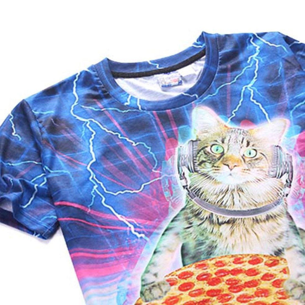Kitty Cat DJaying a Pizza against a Lightning Background Graphic Print T-Shirt | DOTOLY