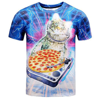 Kitty Cat DJaying a Pizza against a Lightning Background Graphic Print T-Shirt | DOTOLY