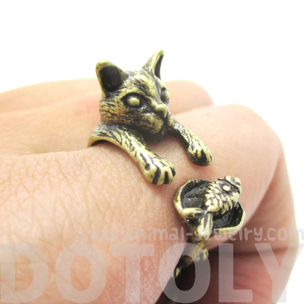 Kitty Cat Eating Fish Shaped Animal Wrap Ring in Brass | US Sizes 7 to 9 | DOTOLY