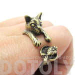 Kitty Cat Eating Fish Shaped Animal Wrap Ring in Brass | US Sizes 7 to 9 | DOTOLY