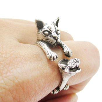 Kitty Cat Eating Fish Shaped Animal Wrap Ring in Silver | US Sizes 7 to 9 | DOTOLY