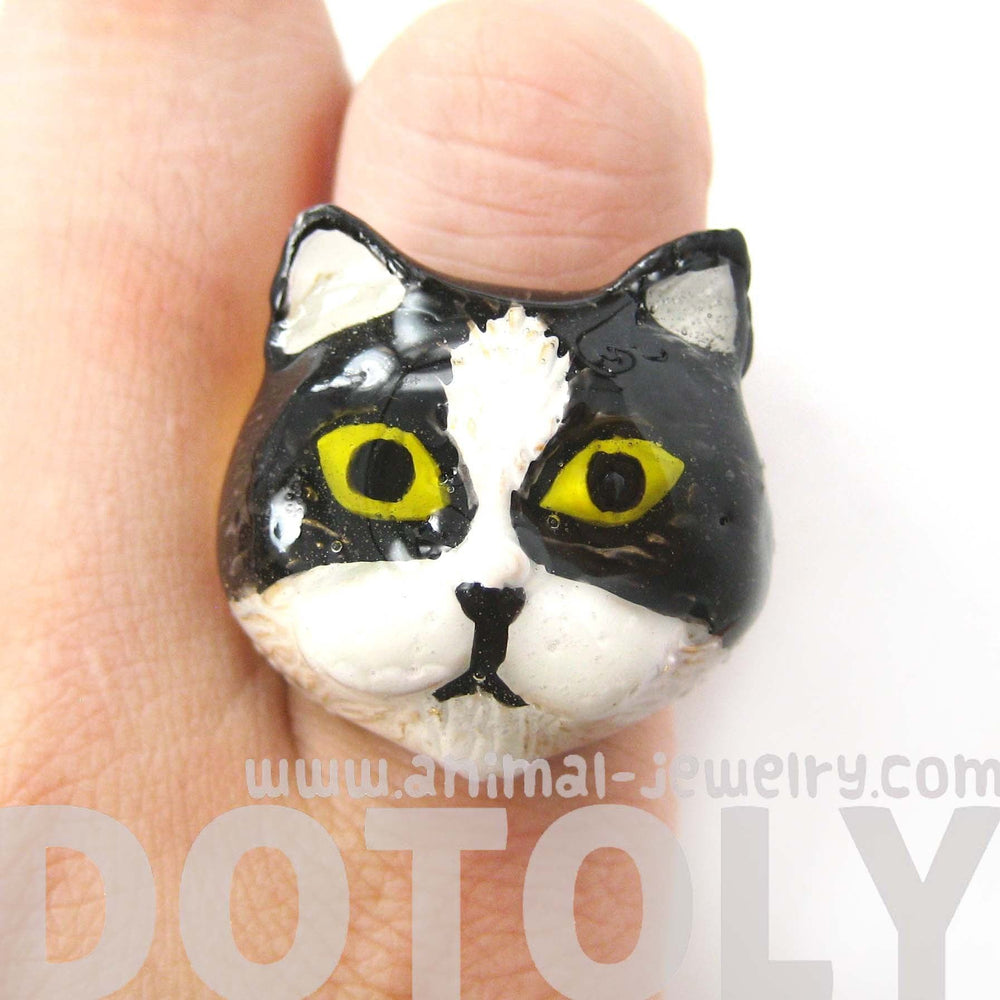 Kitty Cat Enamel Animal Ring in Black and White US Size 6 | Limited Edition | DOTOLY