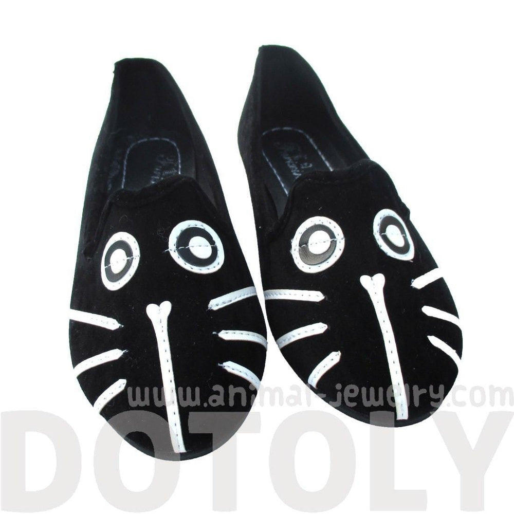 Kitty Cat Face Animal Themed Embroidered Ballet Flats for Women in Black | DOTOLY