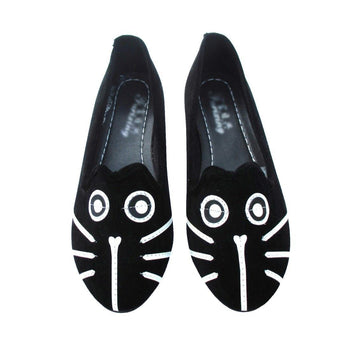 Kitty Cat Face Animal Themed Embroidered Ballet Flats for Women in Black | DOTOLY