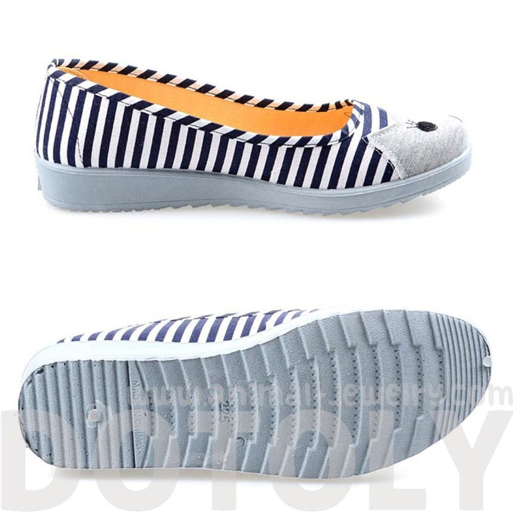 Kitty Cat Face Striped Print Animal Themed Wedge Ballet Flats for Women in Navy Blue | DOTOLY