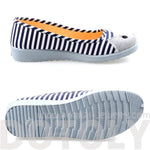 Kitty Cat Face Striped Print Animal Themed Wedge Ballet Flats for Women in Navy Blue | DOTOLY