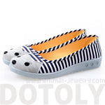 Kitty Cat Face Striped Print Animal Themed Wedge Ballet Flats for Women in Navy Blue | DOTOLY