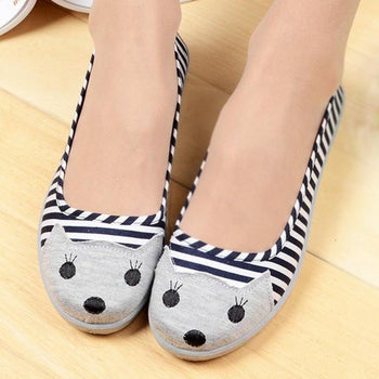 Kitty Cat Face Striped Print Animal Themed Wedge Ballet Flats for Women in Navy Blue | DOTOLY