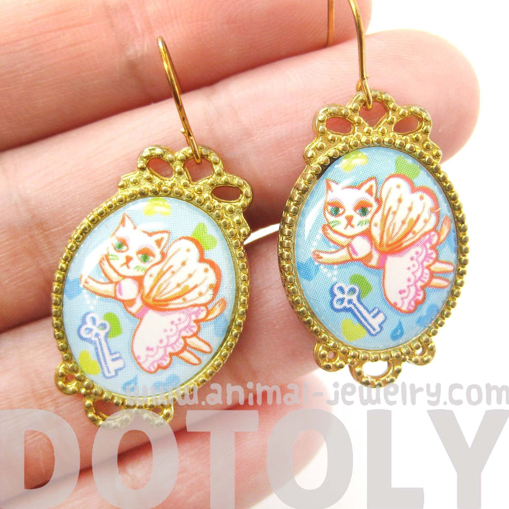 Kitty Cat Fairy Princess Illustrated Dangle Earrings | Animal Jewelry | DOTOLY