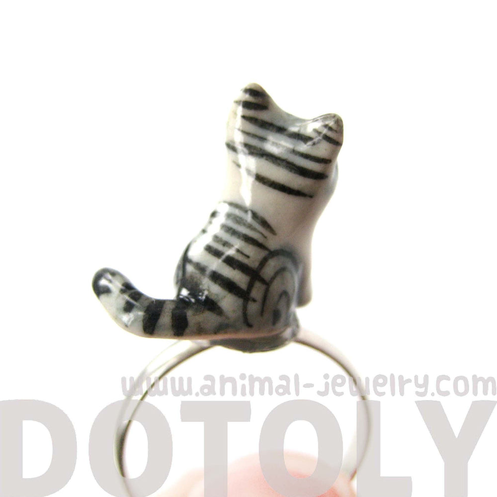 Kitty Cat Grey and Black Striped Porcelain Ceramic Animal Adjustable Ring | Handmade | DOTOLY