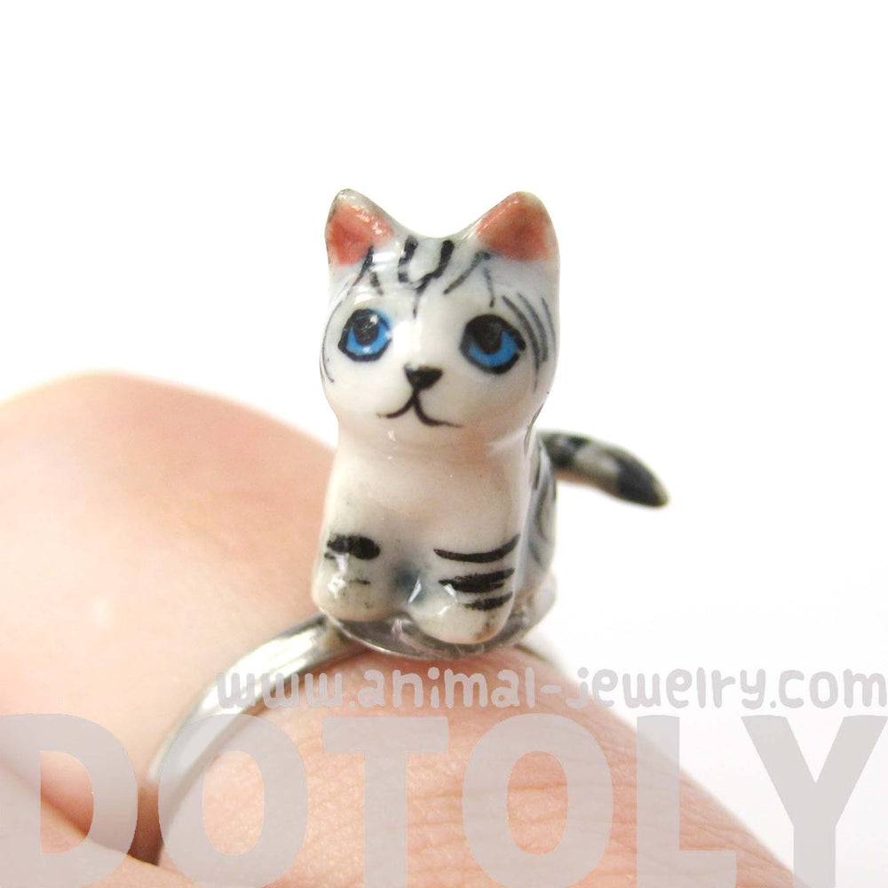 Kitty Cat Grey and Black Striped Porcelain Ceramic Animal Adjustable Ring | Handmade | DOTOLY