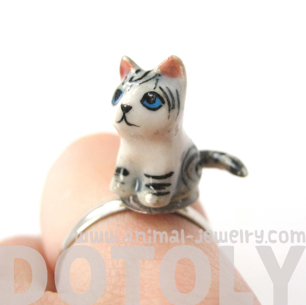 Kitty Cat Grey and Black Striped Porcelain Ceramic Animal Adjustable Ring | Handmade | DOTOLY
