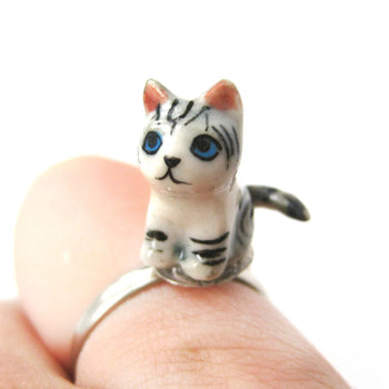 Kitty Cat Grey and Black Striped Porcelain Ceramic Animal Adjustable Ring | Handmade | DOTOLY