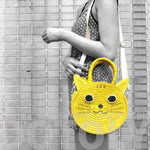 Kitty Cat Head Face Shaped Straw Woven Cross Body Shoulder Bag for Women in Yellow | DOTOLY