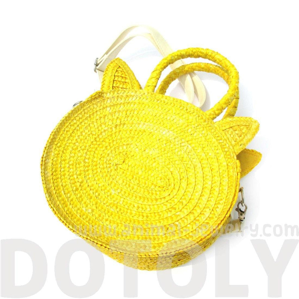 Kitty Cat Head Face Shaped Straw Woven Cross Body Shoulder Bag for Women in Yellow | DOTOLY