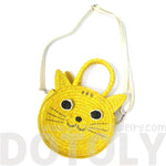 Kitty Cat Head Face Shaped Straw Woven Cross Body Shoulder Bag for Women in Yellow | DOTOLY