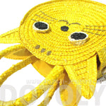 Kitty Cat Head Face Shaped Straw Woven Cross Body Shoulder Bag for Women in Yellow | DOTOLY