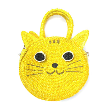 Kitty Cat Head Face Shaped Straw Woven Cross Body Shoulder Bag for Women in Yellow | DOTOLY