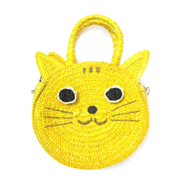 Kitty Cat Head Face Shape Straw Woven Shoulder Bag for Women in Yellow ...