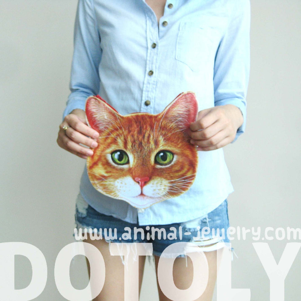 Kitty Cat Head Shaped Tabby Vinyl Animal Themed Clutch Bag in Orange | DOTOLY | DOTOLY