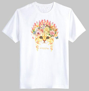 Kitty Cat in a Floral Feather Headdress Graphic Print Tee T-Shirt for Women | DOTOLY