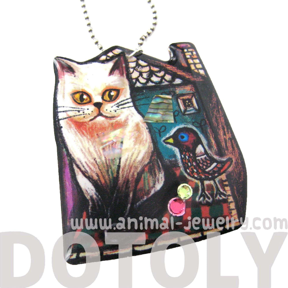 Kitty Cat in Front of A House with a Bird Shaped Illustrated Resin Pendant Necklace | DOTOLY