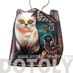 Kitty Cat in Front of A House with a Bird Shaped Illustrated Resin Pendant Necklace | DOTOLY