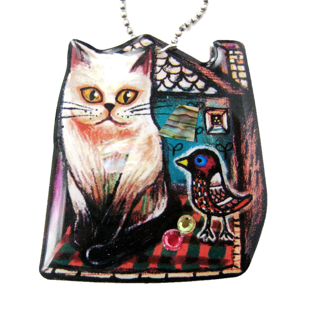 Kitty Cat in Front of A House with a Bird Shaped Illustrated Resin Pendant Necklace | DOTOLY