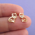 Kitty Cat Outline Shaped Rhinestone Allergy Free Stud Earrings in Gold