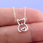 Kitty Cat Outline with Heart Shaped Pendant Necklace for Cat Lovers in Silver