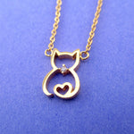 Kitty Cat Outline with Heart Shaped Pendant Necklace for Cat Lovers in Gold
