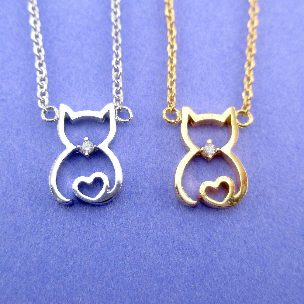 Kitty Cat Outline with Heart Shaped Pendant Necklace for Cat Lovers