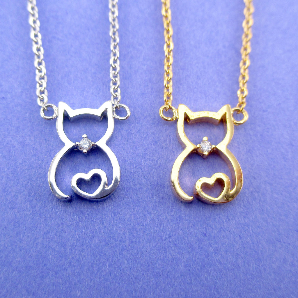 Kitty Cat Outline with Heart Shaped Tail Pendant Necklace in Gold or Silver