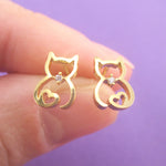 Kitty Cat Outline with Heart Shaped Tail Stud Earrings in Gold or Silver