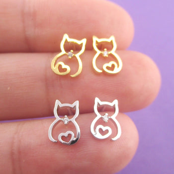 Kitty Cat Outline with Heart Shaped Tail Stud Earrings in Gold or Silver