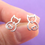 Kitty Cat Outline with Heart Shaped Tail Stud Earrings in Gold or Silver
