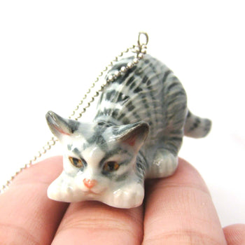 Kitty Cat Porcelain Ceramic Animal Pendant Necklace with Playful Crouching Pose | Handmade | DOTOLY