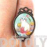 Kitty Cat Portrait Illustrated Adjustable Ring in White with Floral Detail | Animal Jewelry | DOTOLY