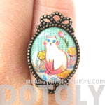 Kitty Cat Portrait Illustrated Adjustable Ring in White with Floral Detail | Animal Jewelry | DOTOLY