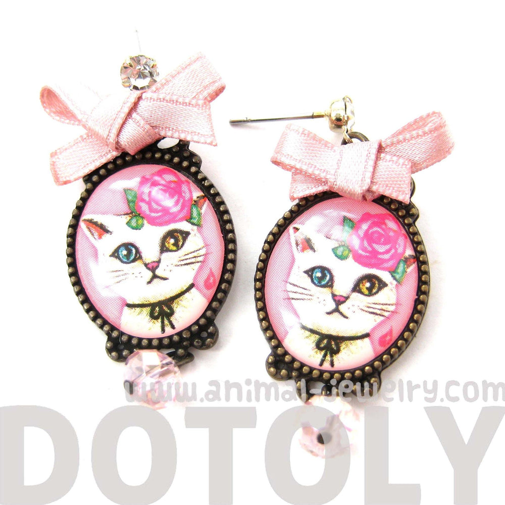 Kitty Cat Portrait Illustrated Drop Stud Earrings with Multi Colored Eyes in White | Animal Jewelry | DOTOLY