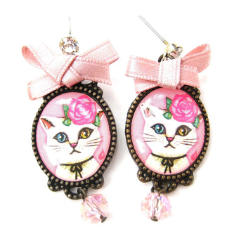 Kitty Cat Portrait Illustrated Drop Stud Earrings with Multi Colored Eyes in White | Animal Jewelry | DOTOLY