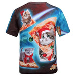 Kitty Cat Riding Pizza in Space in Christmas Hats All Over Print T-Shirt | DOTOLY