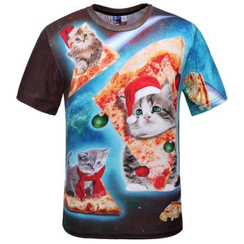 Kitty Cat Riding Pizza in Space in Christmas Hats All Over Print T-Shirt | DOTOLY