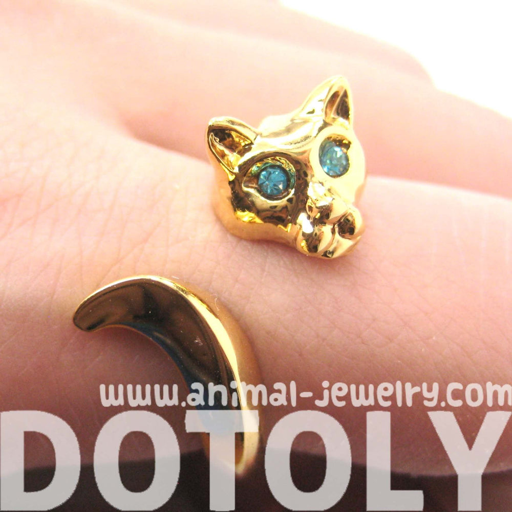 Kitty Cat Shaped Animal Wrap Ring in Shiny Gold with Turquoise Eyes | US Sizes 6 to 9 | DOTOLY